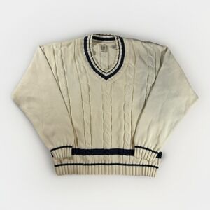 Vintage Style GAP Cable Knit V Neck Sweater Mens Large Cream